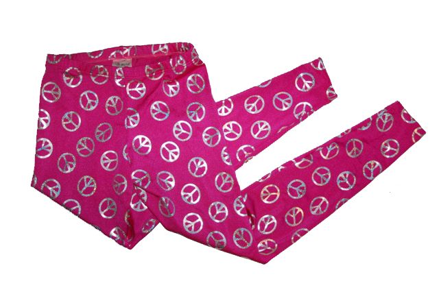 Hot Pink Silver Metallic Peace Signs Leggings - Bskinz