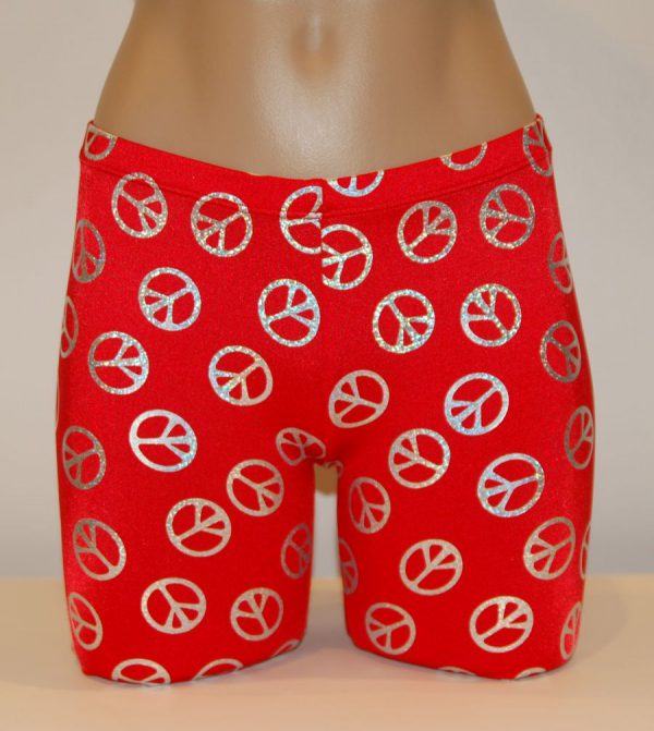 Red w/Silver Metallic Peace Signs - WOMEN'S/GIRLS-Spandex Compression Shorts