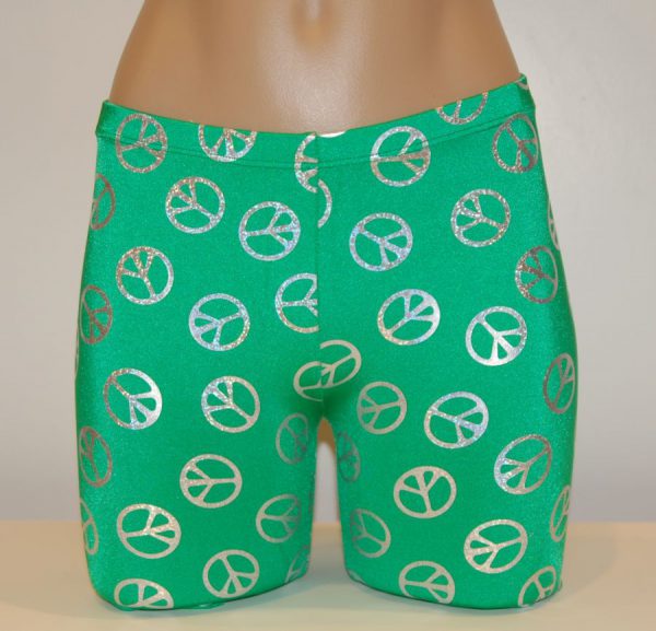 Kelly Green Silver Metallic Peace Signs - WOMEN'S/GIRLS-Spandex Compression Short